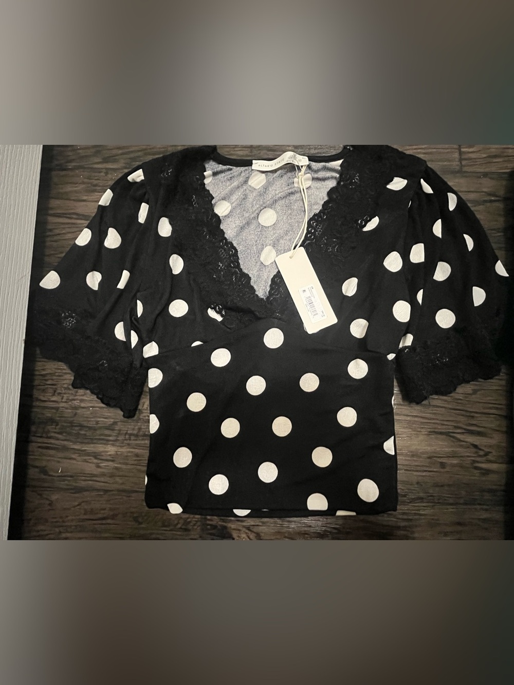 Altar'd State Black and White Polka Dot Lace-Trim cropped Top
